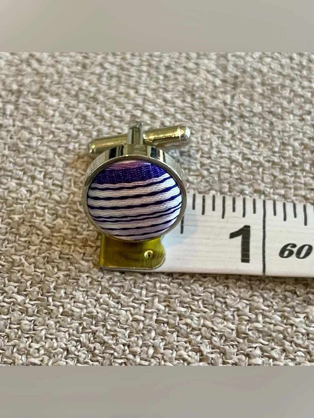 Silvertone Purple White Fabric Round Cuff Links Men’s Professional Wedding Work